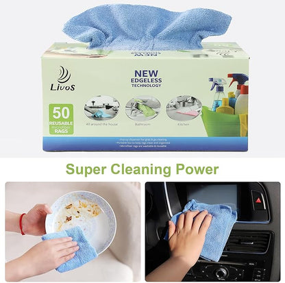 LIVOS 50 Pack Microfiber Cleaning Cloth in Box, Reusable Cleaning Rags, 11.5"x11.5", Edgeless Microfiber Wipes, Lint Free, Absorbent Shop Towels for Kitchen, Car, Glass (Blue)