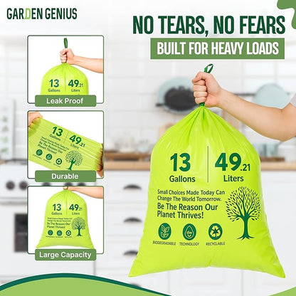 Biodegradable 13-Gallon Kitchen Waste Bags (50-Pack) | Strong, Heavy-Duty Tall Trash Bags w/Drawstring | Fits Most Standard 13-Gallon (49.21 L) Cans | Eco-Friendly D2W, 30 Microns Thick, 29.5" x 24"