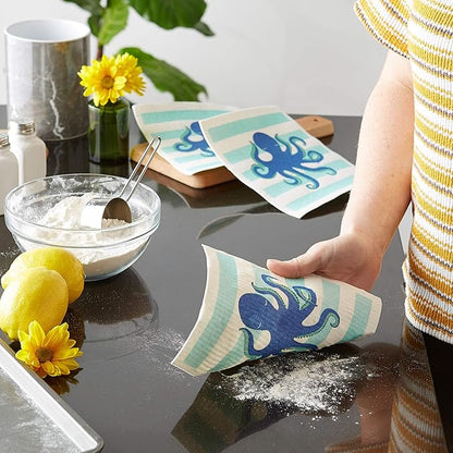 DII Swedish Dishcloths for Kitchen & Cleaning, Reusable, Machine Washable & Dishwasher Safe, Biodegradable, 7.75 x 6.75, Octopus, 3 Piece