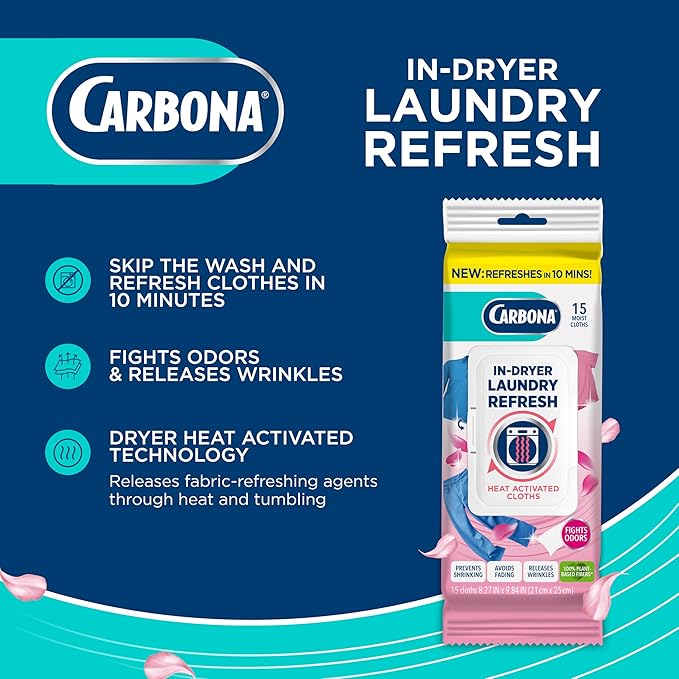 Carbona Laundry Refresh Dryer Sheets 15ct | Odor Eliminator, Wrinkle Releaser, Fabric Softener | Heat-Activated, Static Reducer, Prevents Shrinking & Fading | Quick Clothes Refresh