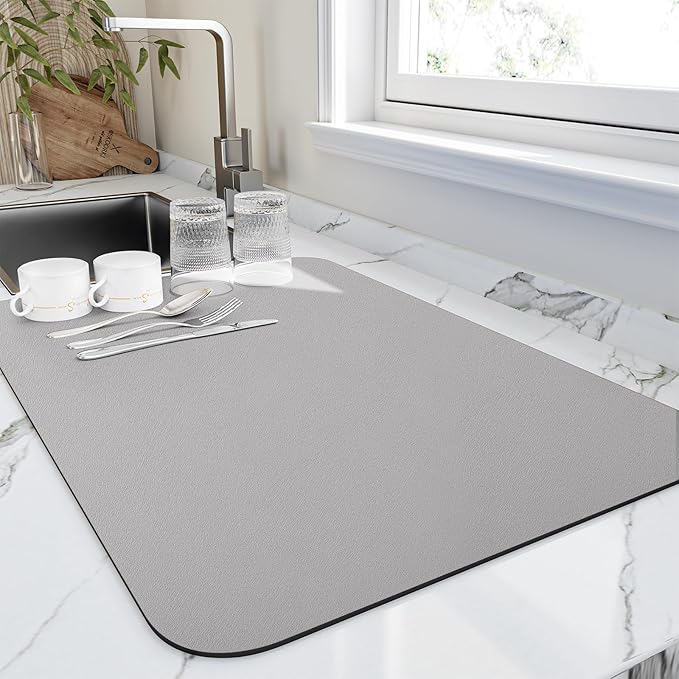 HotLive Dish Drying Mat for Kitchen Counter, Heat Resistant Drainer Mats with Non-slip Rubber Backed, Hide Stain Kitchen Super Absorbent Draining Mat, Easy to Clean Dish Rack Pad, Grey 16"x20"