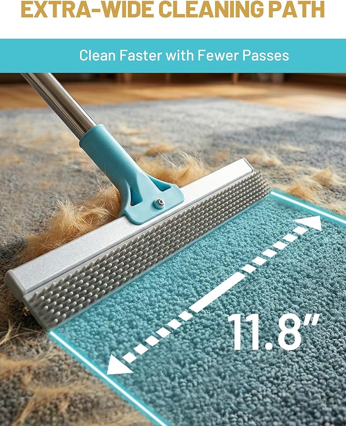 Carpet Rake for Pet Hair Removal: DELOMO Carpet Broom Scraper with 54” Adjustable Long Handle, Dual-Sided, Metal + Short Silicone for Carpets & Rugs, Extended Silicone for Shag Rugs & Hard Floors