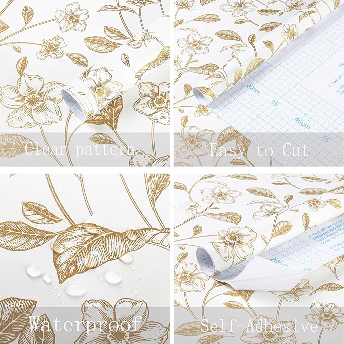 Heroad Floral Wallpaper Peel and Stick White and Gold Contact Paper Boho Peel and Stick Modern Clearance Wall Paper for Cabinets and Drawers Waterproof Self Adhesive 17.3" x 336"