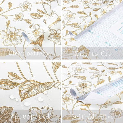 Heroad Floral Wallpaper Peel and Stick White and Gold Contact Paper Boho Peel and Stick Modern Clearance Wall Paper for Cabinets and Drawers Waterproof Self Adhesive 17.3" x 336"