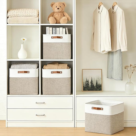 13x13 Cube Storage Bins, Collapsible Fabric Storage Box, 4 Pack Closet Baskets with Handles for Organizing, Shelf, Toys, Clothes, Home, Office, Nursery (Beige&White)