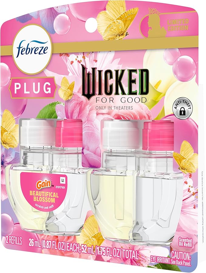 Febreze Plug-In Air Freshener, “Wicked: For Good” Limited Edition Odor-Fighting Scented Oil Refill, Home, Bathroom & Kitchen Use, Long Lasting, Beautifical Blossom, 2 Count