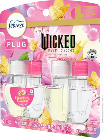 Febreze Plug-In Air Freshener, “Wicked: For Good” Limited Edition Odor-Fighting Scented Oil Refill, Home, Bathroom & Kitchen Use, Long Lasting, Beautifical Blossom, 2 Count