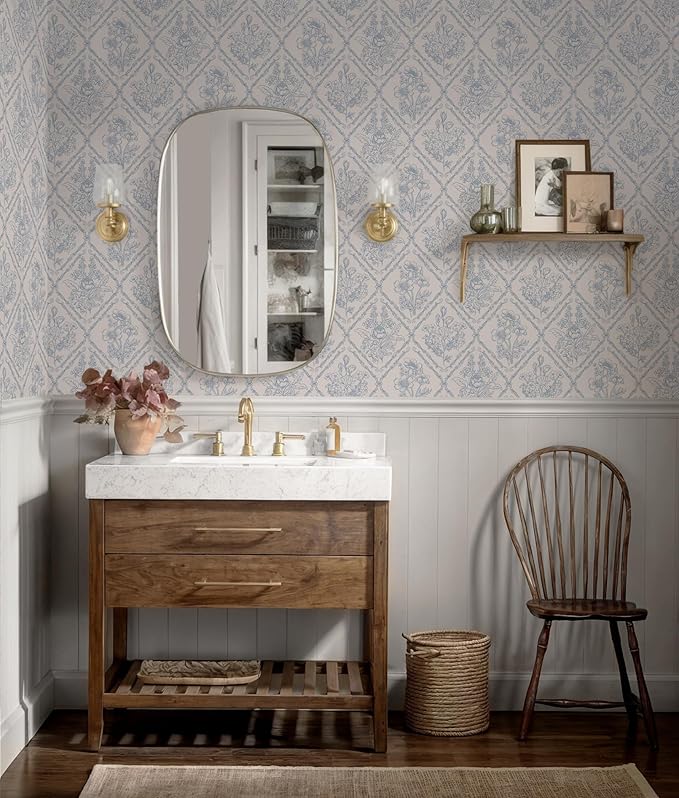 Toduso Peel and Stick Wallpaper Vintage Wall Paper Boho Contact Paper Blue Removable Wallpaper for Kitchen Bathroom Bedroom Floral Waterproof Self Adhesive Vinyl Drawer Decor 17.3"x393.7"