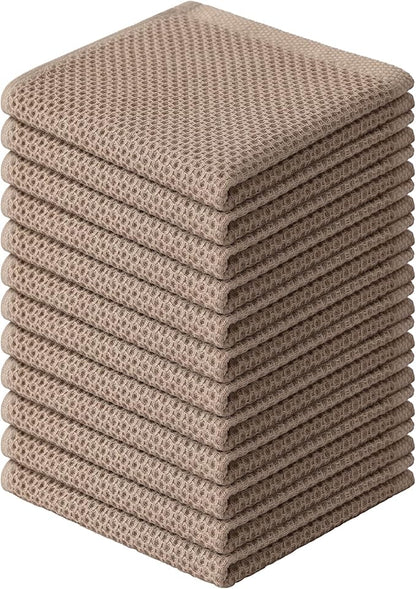 Kitinjoy 100% Cotton Kitchen Dish Cloths (12 X 12 Inches, Tan), 12 Pack Waffle Weave Ultra Soft Absorbent Dish Towels for Drying Dishes Quick Drying Kitchen Towels Dish Rags