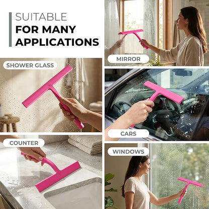 GÜTEWERK Silicone Shower Squeegee for Glass Doors & Mirrors with Stainless Steel Core, Streak-Free & No-Squeak Window Cleaning, 3-in-1 No-Drill Mount (Hook/Suction/Adhesive),Pink, 15 Inches