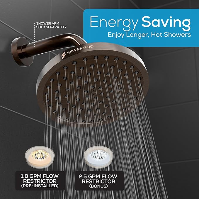 SparkPod Shower Head - High Pressure Rain - Premium Quality Luxury Design - Easy Clean Adjustable Replacement for Your Bathroom Shower Heads (Vintage Oil Rubbed Bronze, 8 Inch Round)