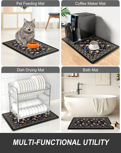 Rnivvi Dish Drying Mat for Kitchen Counter, XL 15 x 24" Cute Flower Theme Super Absorbent Drainer Pad, Non-Slip Heat Resistant Coffee Bar Mat for Coffee Machine Station Accessories,Retro Dish Rack Pad