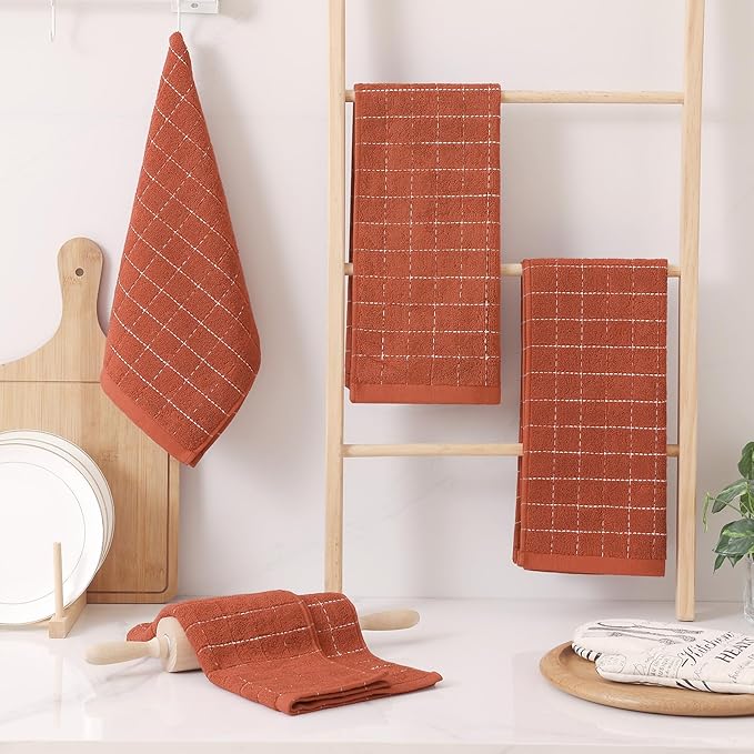 Homaxy 100% Cotton Terry Kitchen Towels(Rust, 13 x 28 inches), Checkered Designed, Soft and Super Absorbent Dish Towels, 4 Pack