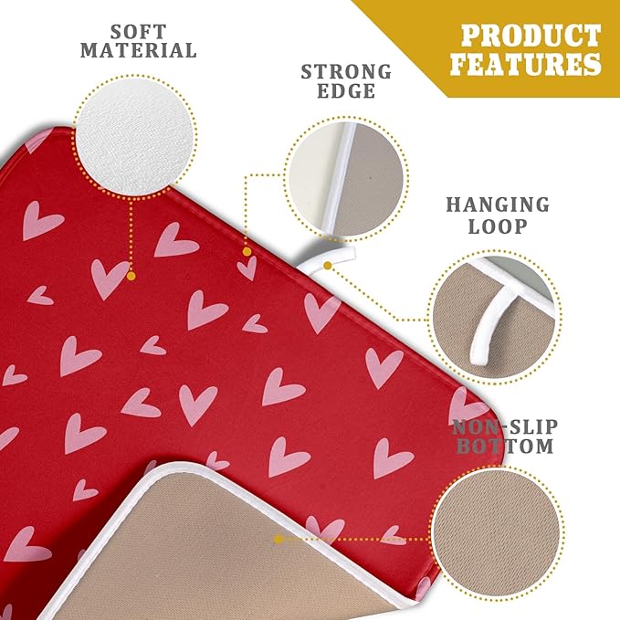 Valentines Dish Drying Mat for Kitchen Counter 16x18 Inch Valentine's Day Red Pink Love Heart Print Absorbent Reversible Microfiber Drying Mats Kitchen Countertop Protector Dishes Drainer Rack Pad