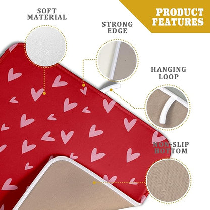 Valentines Dish Drying Mat for Kitchen Counter 16x18 Inch Valentine's Day Red Pink Love Heart Print Absorbent Reversible Microfiber Drying Mats Kitchen Countertop Protector Dishes Drainer Rack Pad