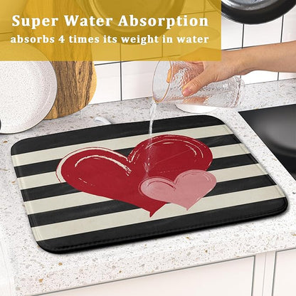 Valentines Day Dish Drying Mat for Kitchen Counter 16x18 Inch Red Pink Love Heart Black Striped Print Absorbent Reversible Microfiber Drying Mats Kitchen Countertop Protector Dishes Drainer Rack Pad