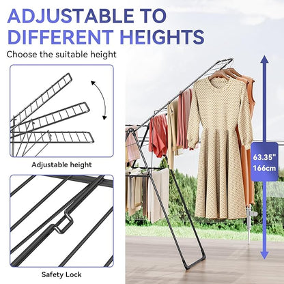 APEXCHASER Clothes Drying Rack, Foldable Oversized Drying Rack Clothing with L-Shaped Foot Cover, Height-Adjustable, Multi-Bar Laundry Rack, Indoor Outdoor Use, 20.4" D x 70" W x 42.52" H, Jet Black