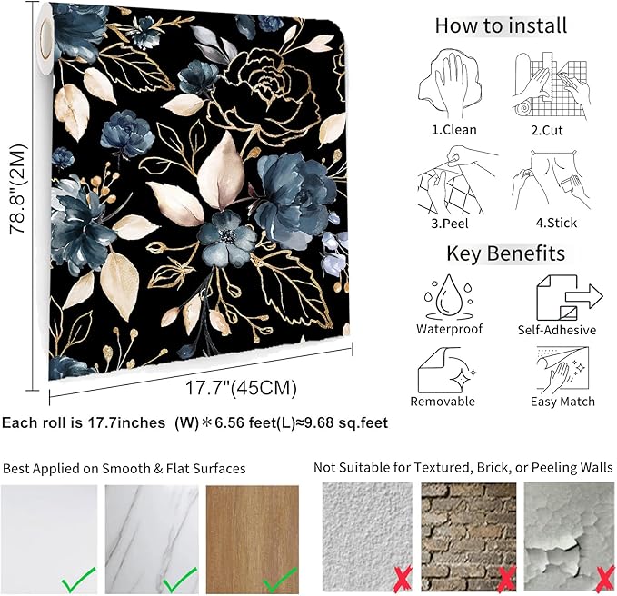 Black and Gold Floral Peel and Stick Wallpaper Self Adhesive Removable Thick Modern Dark Botanical Watercolor Navy Blue Flower Accent Wall for Bedroom Bathroom Renter Friendly 17.7" x 78.8"