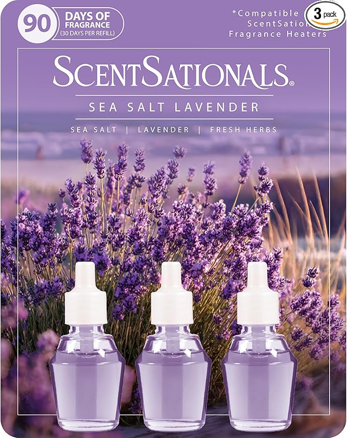 ScentSationals Sea Salt Lavender Fragrance Oil Plug In Air Freshener Refills 3-Pack - Works with Scentsationals Wall Plugs, Long-Lasting Home Fragrance, 0.8 fl oz Each, Packaging May Vary
