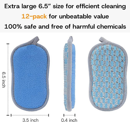 Multi-Purpose Scrub Sponges Kitchen – 12 Pack Dish Sponge, Dual-Sided Non-Scratch Microfiber & Metal Scrubber, Reusable Sponges for Dishes, Pots, Glass, Sink, Stovetop & Bathroom (Blue)