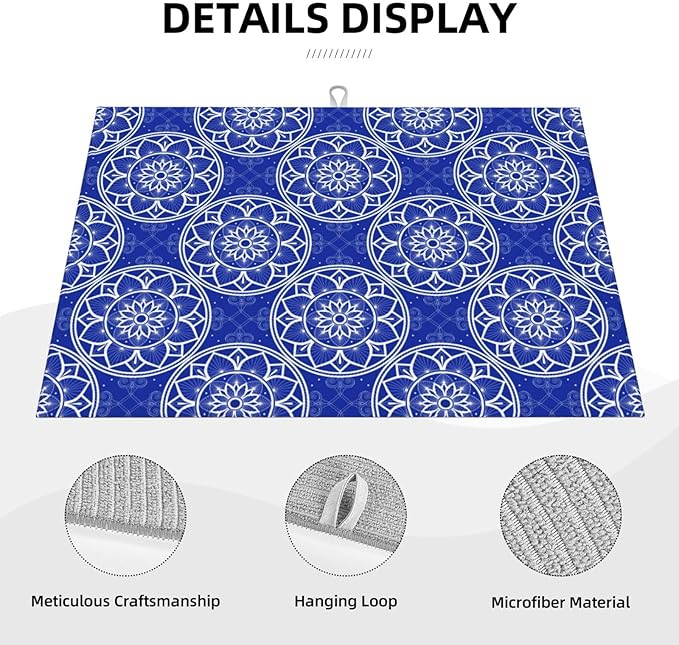 Chinoiserie Blue White Porcelain Dish Drying Mats for Kitchen Counter Sink, Absorbent Microfiber Drying Pad for Dishes, Washable Foldable Chinoiserie Kitchen Mat for Dining Area, Home Decor, 18" x 24"