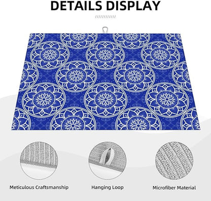 Chinoiserie Blue White Porcelain Dish Drying Mats for Kitchen Counter Sink, Absorbent Microfiber Drying Pad for Dishes, Washable Foldable Chinoiserie Kitchen Mat for Dining Area, Home Decor, 18" x 24"