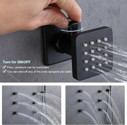 Enga Shower System Body Jets with On-Off Switch, 16 Inch Rain Shower Head System Full Body Spray Massage Shower Set, Multi Head Shower Faucet Combo, Matte Black