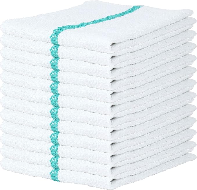 Arkwright LLC Terry Kitchen Bar Mop Towels Bulk Pack of 60 (16 x 19) with Green Center Stripes, Cotton Multipurpose Dish Cleaning Tea Towel for Home, Hotels, Restaurants