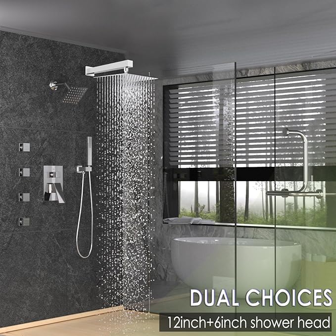 Enga Dual Shower Head System with Body Jets, 12"+ 6" Wall Mounted Dual Rain Shower Faucet with Valve Kit, Chrome