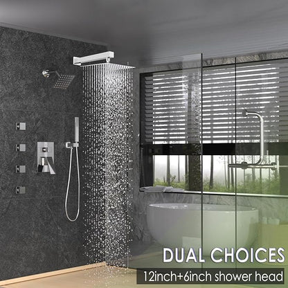 Enga Dual Shower Head System with Body Jets, 12"+ 6" Wall Mounted Dual Rain Shower Faucet with Valve Kit, Chrome