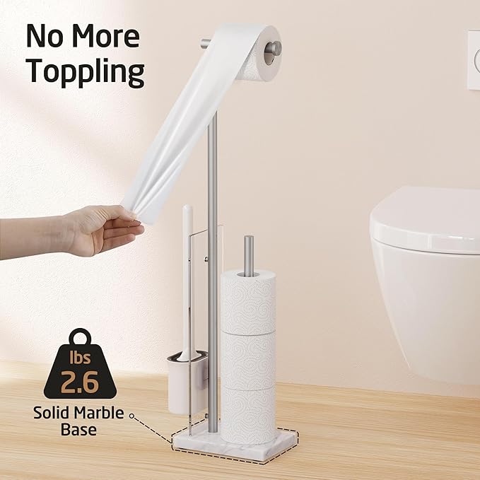 KES Freestanding Toilet Paper Holder with Storage, Toilet Brush Roll Holder Stand with Natural Marble Base with Toilet Brush Detachable for Bathroom Brushed, BPH233-2