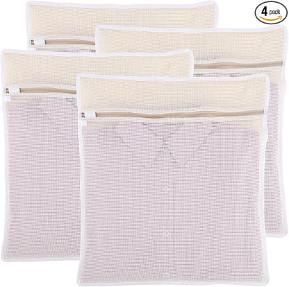 Dntorx 4Pcs Durable Cotton Mesh Laundry Bags for Delicates, 16×20inch Large Breathable Laundry Mesh Wash Bags with Sturdy Zipper for Delicates, Clothes, Pants, Underwear, Bra, Socks (L)