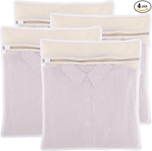 Dntorx 4Pcs Durable Cotton Mesh Laundry Bags for Delicates, 16×20inch Large Breathable Laundry Mesh Wash Bags with Sturdy Zipper for Delicates, Clothes, Pants, Underwear, Bra, Socks (L)