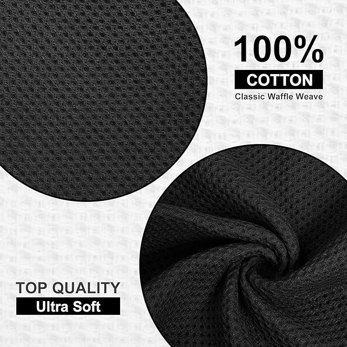 Kitinjoy 100% Cotton Kitchen Dish Cloths (12 X 12 Inches, Black), 8 Pack Waffle Weave Ultra Soft Absorbent Dish Towels for Drying Dishes Quick Drying Kitchen Towels Dish Rags