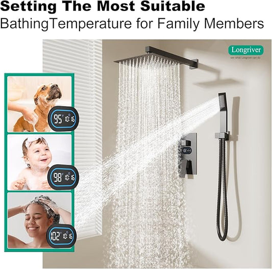 Shower Faucet Set with Hydro Power Temperature Display, Shower System Bathroom 10 Inches Shower Head with Handheld Spray, Wall Mounted Shower Fixtures with Shower Valve and Trim Kit, Matte Black