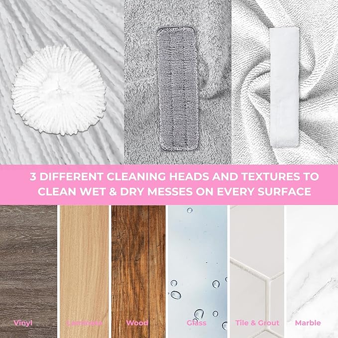 True & Tidy® Clean Everywhere Spray Mop Kit with 3 Interchangeable Heads & Refillable Tank - Flat, Round, Squeegee (Pink)