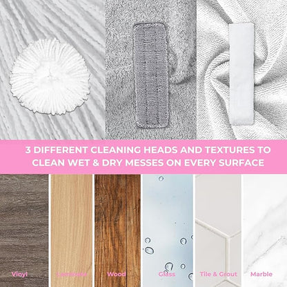 True & Tidy® Clean Everywhere Spray Mop Kit with 3 Interchangeable Heads & Refillable Tank - Flat, Round, Squeegee (Pink)