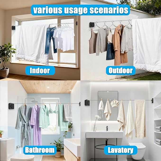 Retractable Clothesline, Non-Sagging Wall Mounted Laundry Line, Space-Saving Stainless Steel Clothes Line, Heavy Duty Drying Rack 15.6 Ft for Apartment, Dorms, RV & Travel (Black)