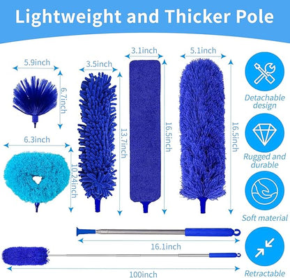 6-in-1 Duster for Cleaning Kit, Extendable Duster with Stainless Steel Pole - Microfiber, Ceiling Fan Cleaner Dusters and Chenille Dusters, Bendable Cobweb Removers for High Ceilings, Fans, Blinds