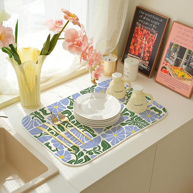 Boho Floral Drying Mat 18x24 Inches For Kitchen Counter Absorbent Spring Summer Abstract Blue Green Flower Kitchen Drying Mat Pad For Home Kitchen,Dining Room,Office Decoration