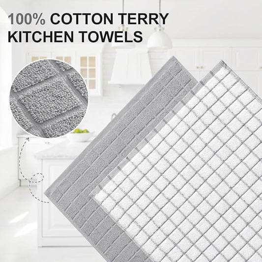 Homaxy Premium Cotton Kitchen Towels 16"x 28", Large Natural Ring Spun 390 GSM Dish Towels, Super Absorbent Terry Kitchen Hand Towels, Soft Tea Towels with Hanging Loop, Light Grey Check, 8 Pack