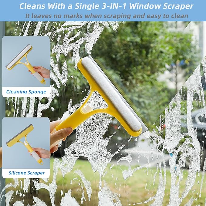 3 in 1 Window Squeegee, Cleaning Scraper with Scrubber Sponge Sprayer Clean Kit for Glass, Tile Walls, Shower Door, Car, Bathroom Cleaner (White)