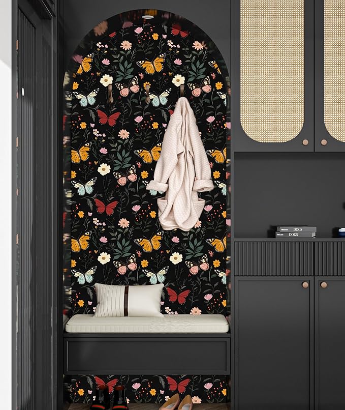 Extra Long Dark Butterfly Wallpaper Peelable, 17.5In x 393In Boho Black Floral Self-Adhesive Removable Wall Paper for Bedroom Cabinet Drawer, Vintage Vinyl Colorful Contact Paper Wall Decor