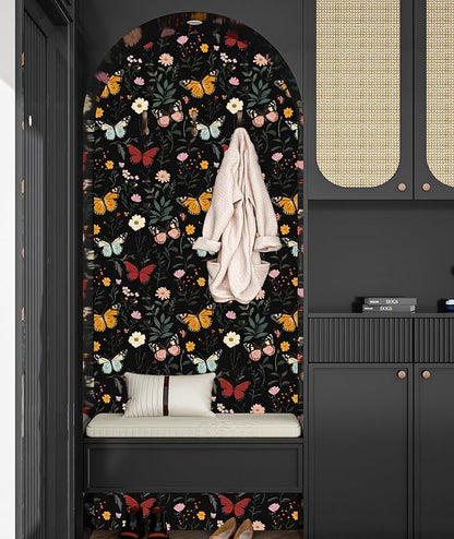 Extra Long Dark Butterfly Wallpaper Peelable, 17.5In x 393In Boho Black Floral Self-Adhesive Removable Wall Paper for Bedroom Cabinet Drawer, Vintage Vinyl Colorful Contact Paper Wall Decor