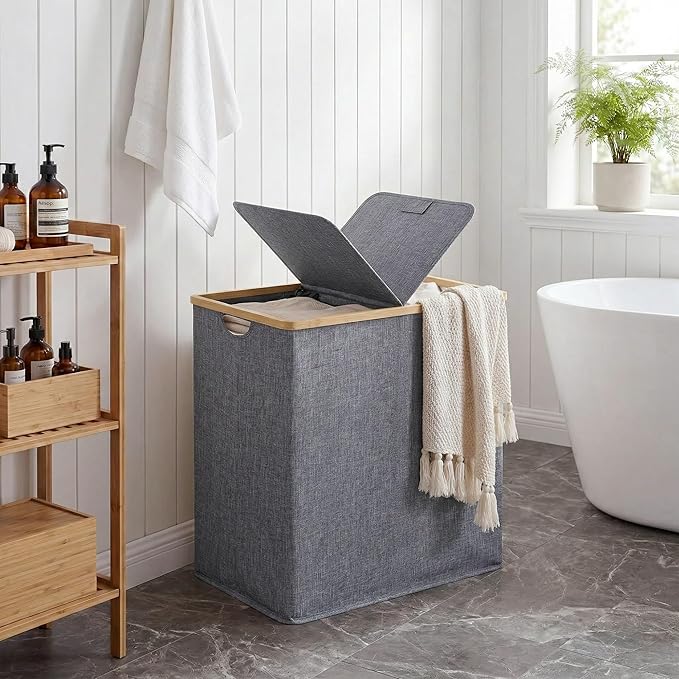 efluky Laundry Hamper with Lid, Double Laundry Hamper with 2 Removable Bags, 2 Section Laundry Basket with Bamboo Handles for Bathroom, Bedroom & Laundry Room, 140L (36.9 Gallon) Blue Grey