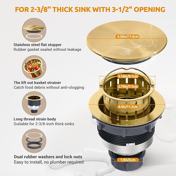 BOTEMY 3-1/2'' Kitchen Sink Drain Assembly Kit,Brass-Finish Sink Drain Strainer with Removable Deep Sink Strainer Basket and Sink Stopper Flat Cover Replacement for Standard Kitchen Sinks