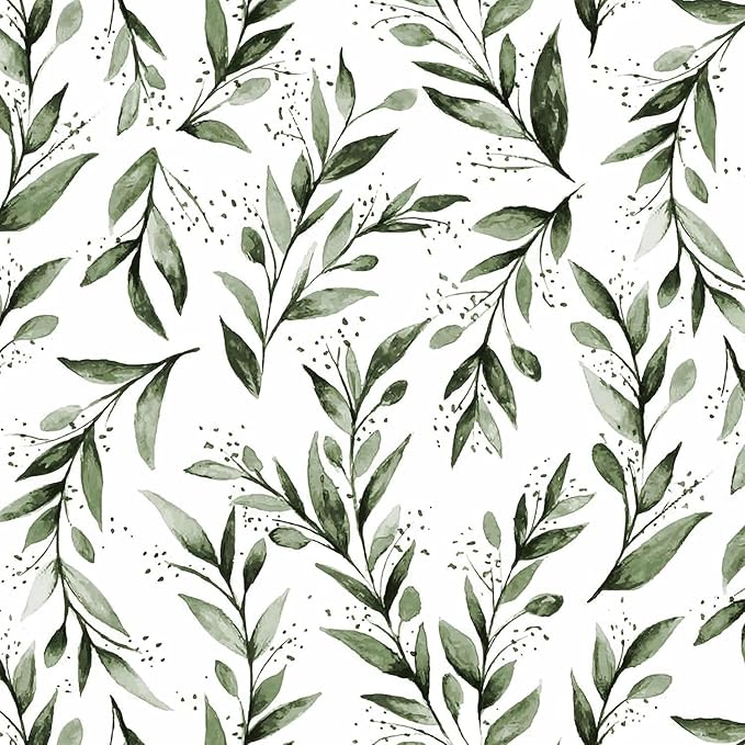 Livebor Green Leaf Wallpaper Peel and Stick Olive Leaf Contact Paper 17.7inch x 196.8inch Green Peel and Stick Wallpaper Modern Farmhouse Wall Paper for Bathroom Neutral Sage Decorative Vinyl