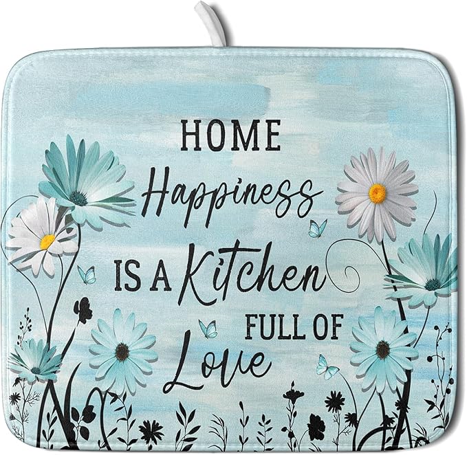 Blue Daisy Dish Drying Mat 16x18 Inch Love Kitchen Absorbent Microfiber Washable Fast Drying Pad Dishes Rack Mat for Kitchen Counter