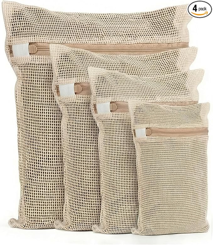 4-Piece Mesh Laundry Bags for Delicates - Premium Cotton, No Dye, Delicate Protection for Bras, Underwear, Socks & Kids Clothes with Sturdy Zippers