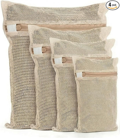 4-Piece Mesh Laundry Bags for Delicates - Premium Cotton, No Dye, Delicate Protection for Bras, Underwear, Socks & Kids Clothes with Sturdy Zippers